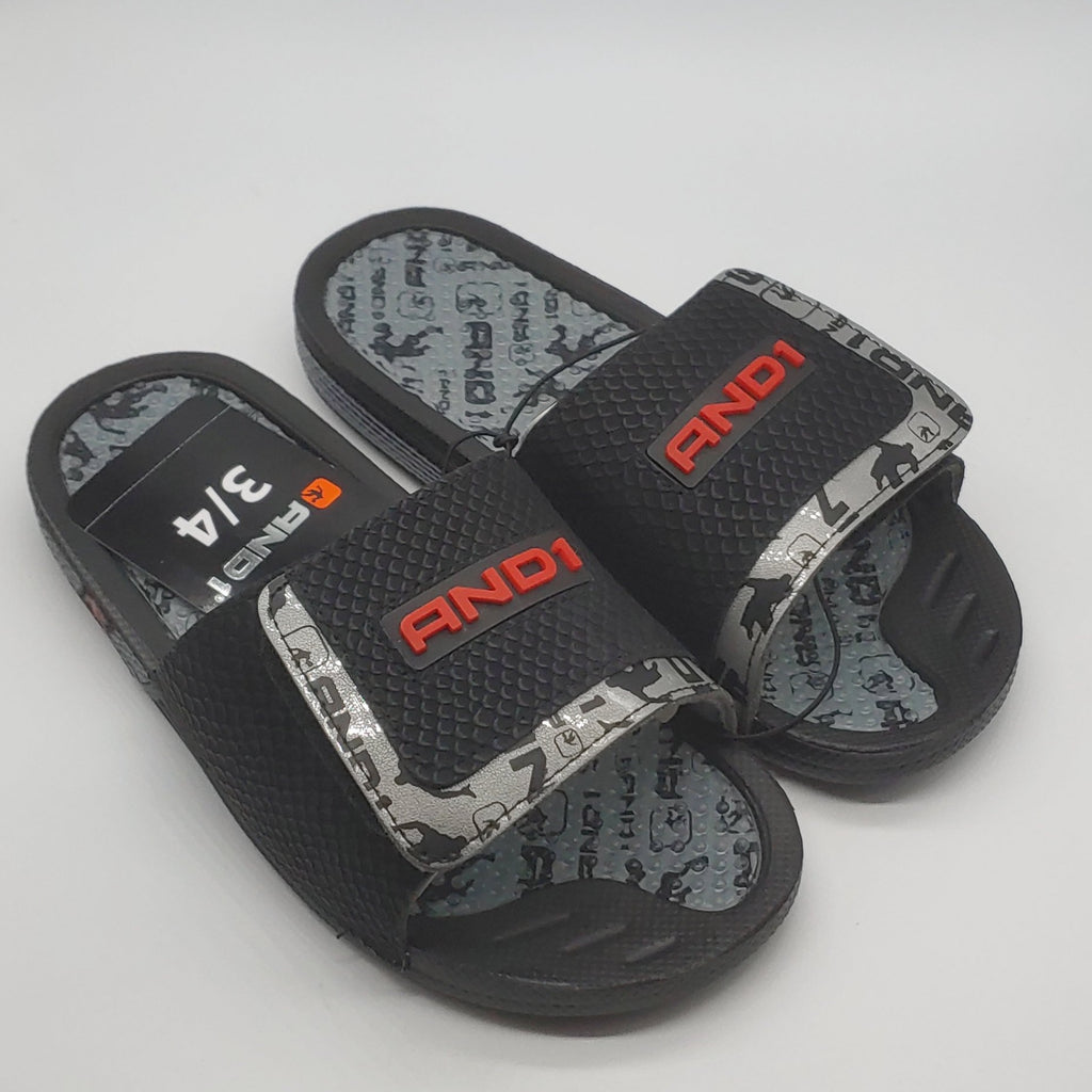 NEW AND1 BOYS SLIDE SANDALS SHOES SIZE 3-4 BLACK CROSSOVER ADJUST STRAP SPORTS