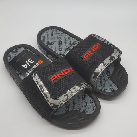 NEW AND1 BOYS SLIDE SANDALS SHOES SIZE 3-4 BLACK CROSSOVER ADJUST STRAP SPORTS