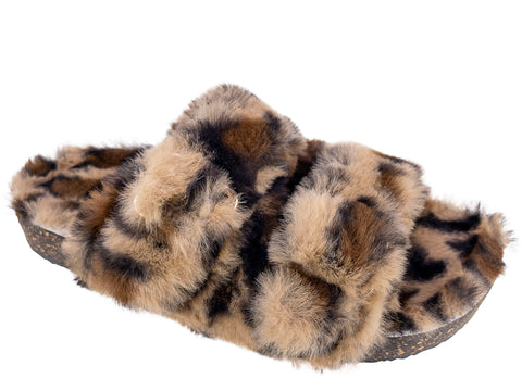 Secret Treasures Women's Luxe Faux Fur Two Band Slide Slippers Leopard