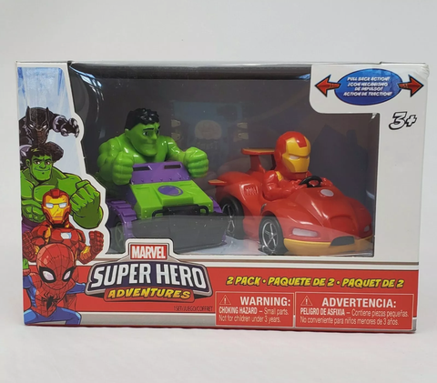 Marvel Super Hero Adventures The HULK & IRONMAN 2-Pack Pull Back Action Cars NEW